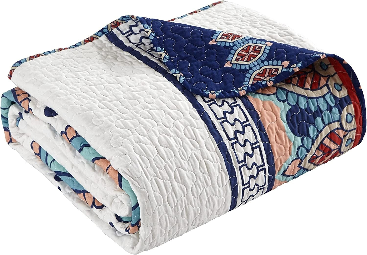 Bedroom > Quilts & Blankets - Queen Size 4 Piece Cotton Blue White Boho Geometric Reversible Quilt Set