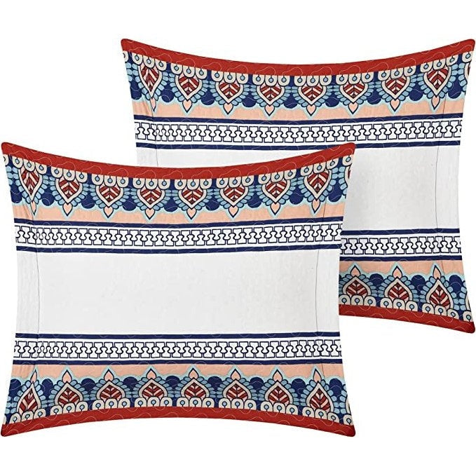 Bedroom > Quilts & Blankets - Queen Size 4 Piece Cotton Blue White Boho Geometric Reversible Quilt Set