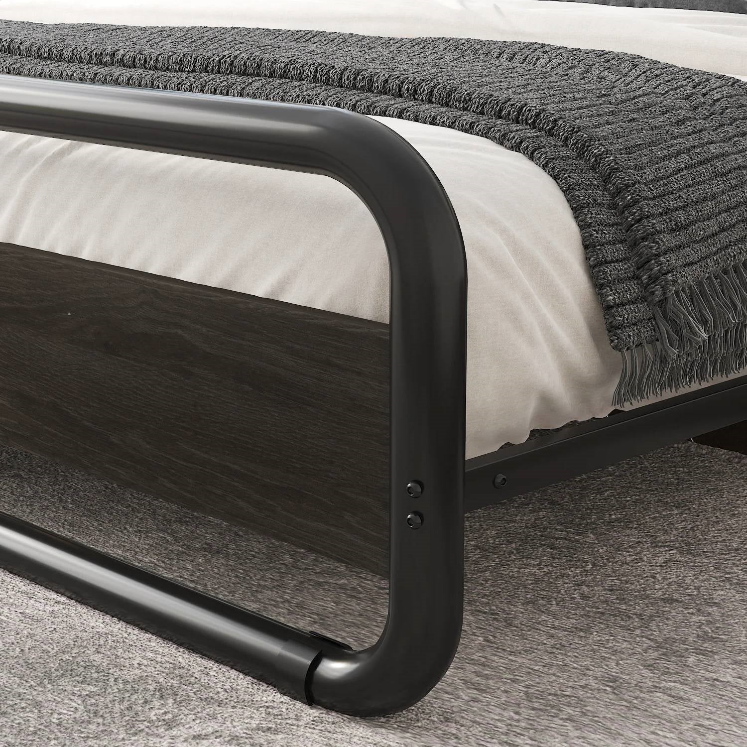 Bedroom > Bed Frames > Platform Beds - Queen Heavy Duty Round Metal Frame Platform Bed With Black Wood Panel Headboard