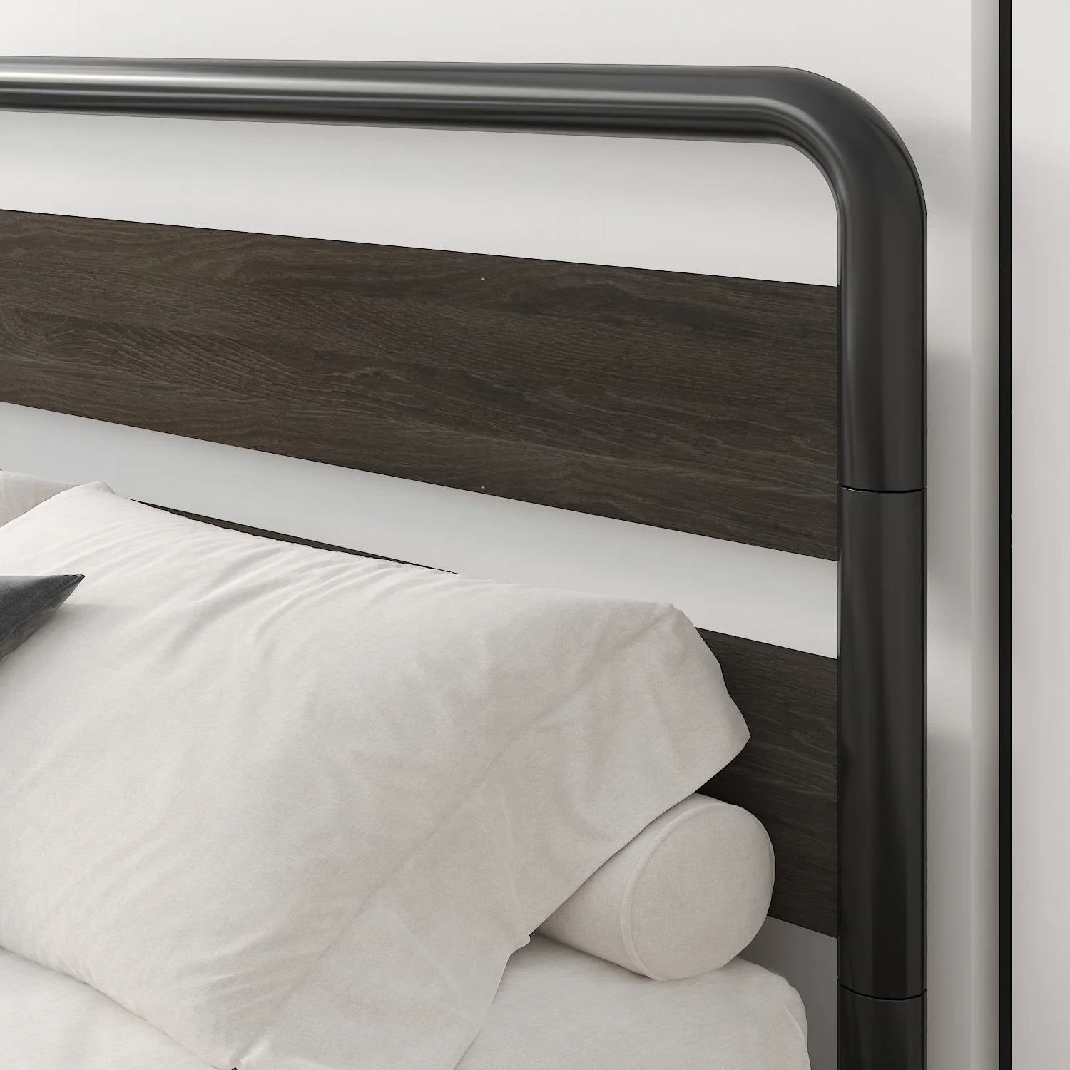 Bedroom > Bed Frames > Platform Beds - Queen Heavy Duty Round Metal Frame Platform Bed With Black Wood Panel Headboard