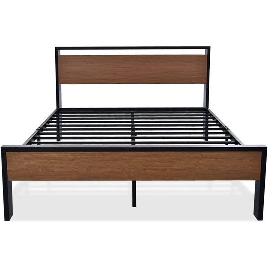 Bedroom > Bed Frames > Platform Beds - Queen Metal Platform Bed With Walnut Finish Wood Panel Headboard Footboard