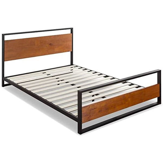 Bedroom > Bed Frames > Platform Beds - Queen Size Modern Metal Wood Platform Bed Frame With Headboard And Footboard