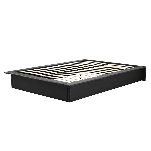 Bedroom > Bed Frames > Platform Beds - Queen Modern Black Faux Leather Platform Bed Frame With Wood Slats