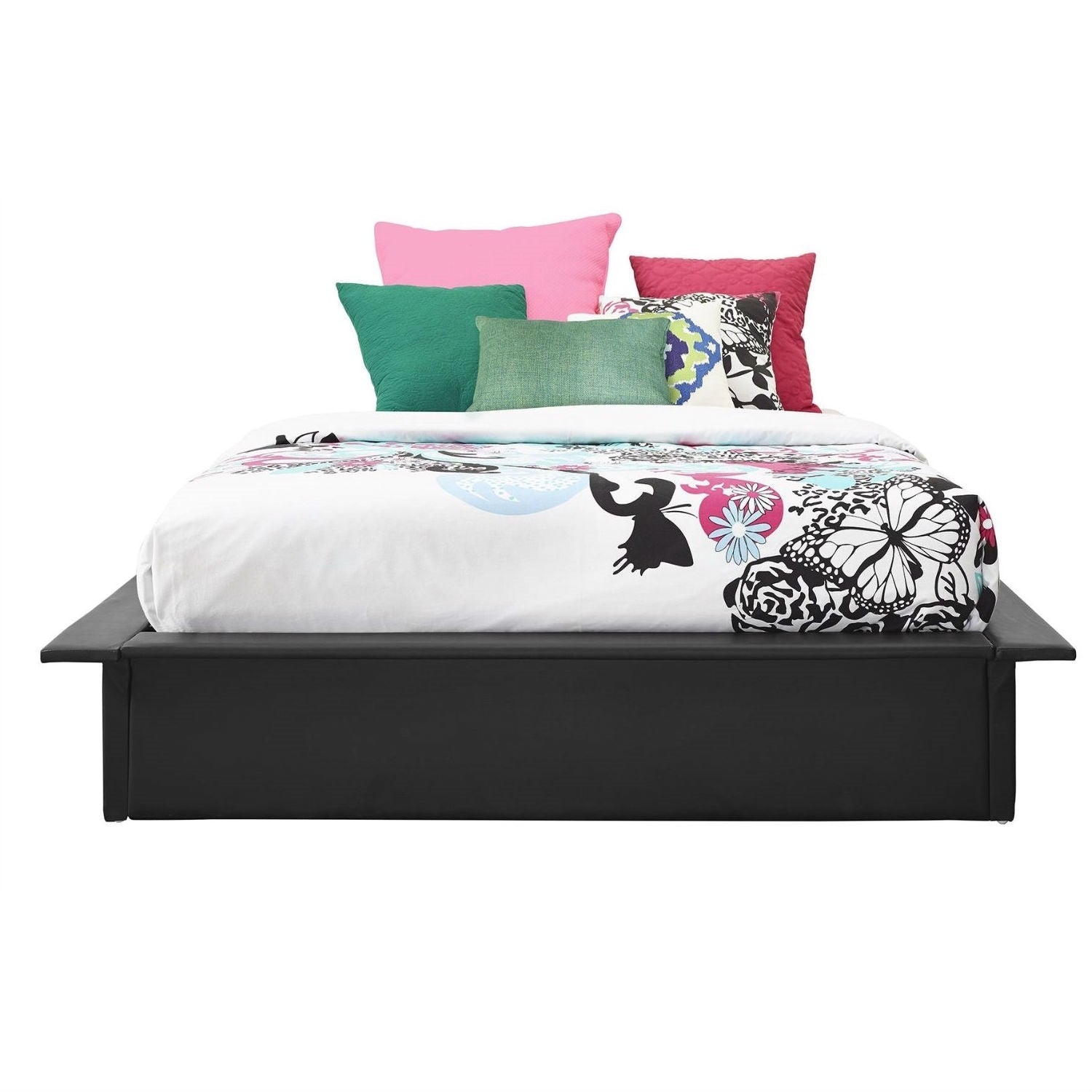 Bedroom > Bed Frames > Platform Beds - Queen Modern Black Faux Leather Platform Bed Frame With Wood Slats