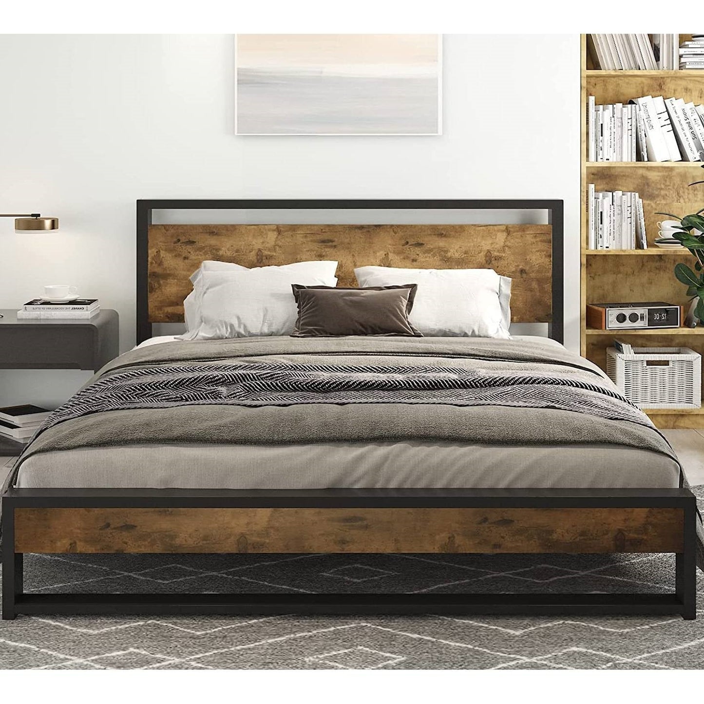 Bedroom > Bed Frames > Platform Beds - Queen Modern Farmhouse Platform Bed Frame With Wood Panel Headboard Footboard