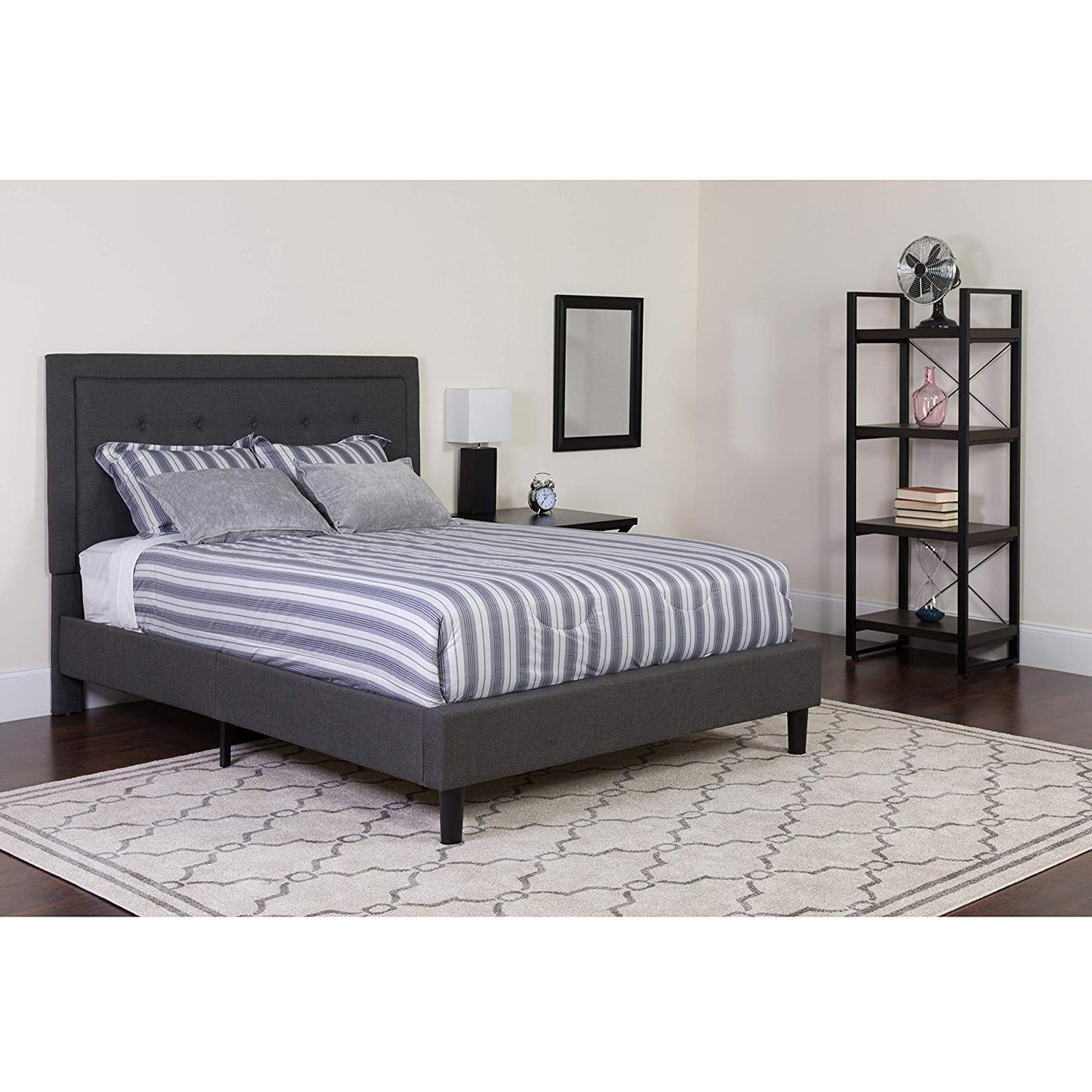 Bedroom > Bed Frames > Platform Beds - Queen Size Dark Gray Fabric Upholstered Platform Bed Frame With Headboard