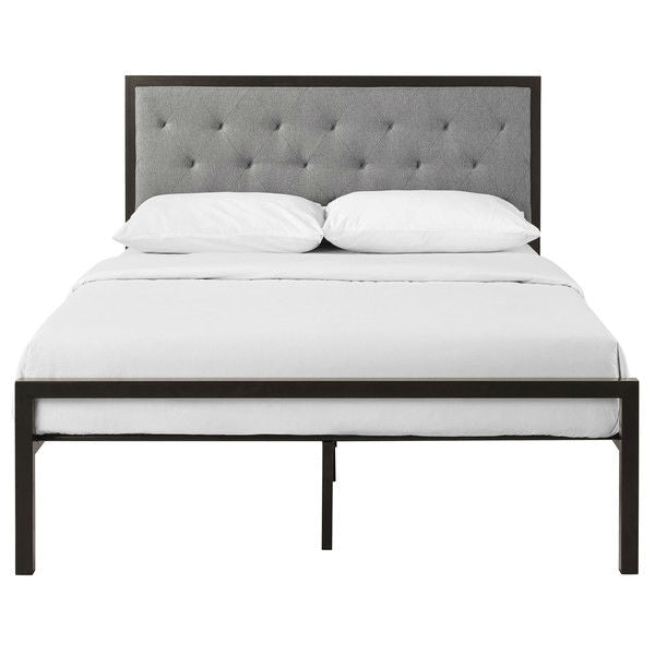 Bedroom > Bed Frames > Platform Beds - Queen Size Contemporary Metal Platform Bed With Grey Upholstered Headboard