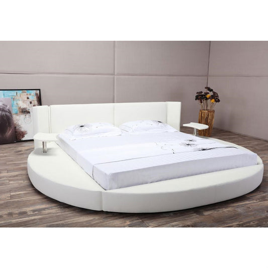 Bedroom > Bed Frames > Platform Beds - Queen Size Modern Round Platform Bed With LED Headboard In White Faux Leather