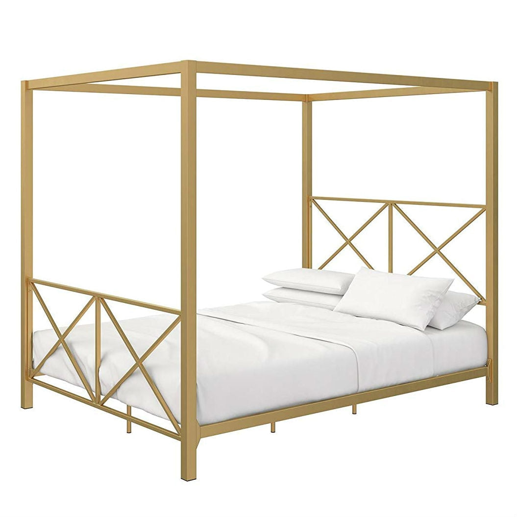 Bedroom > Bed Frames > Canopy Beds - Queen Size Modern Gold Metal Canopy Bed Frame With Headboard And Footboard