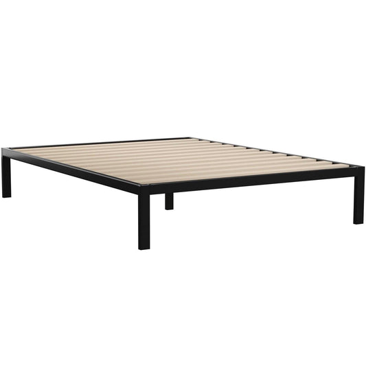 Bedroom > Bed Frames > Platform Beds - Queen Black Metal Platform Bed Frame With Wood Slats - 700 Lbs Weight Capacity