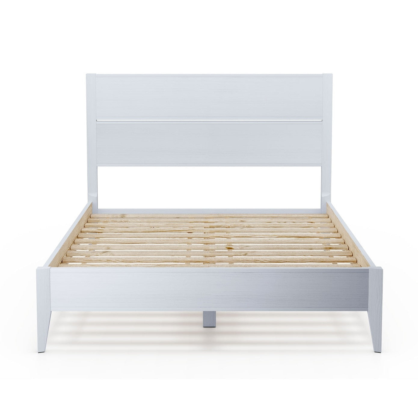 Bedroom > Bed Frames > Platform Beds - Queen Size Rustic White Mid Century Slatted Platform Bed