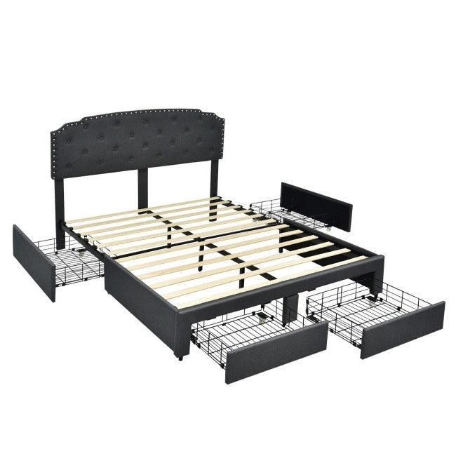 Bedroom > Bed Frames > Platform Beds - Queen Size Grey Linen Adjustable Headboard 4 Drawer Storage Platform Bed