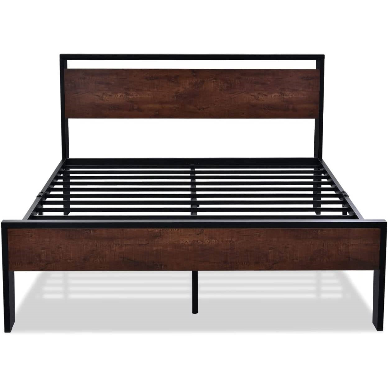 Bedroom > Bed Frames > Platform Beds - Queen Metal Platform Bed Frame With Mahogany Wood Panel Headboard Footboard