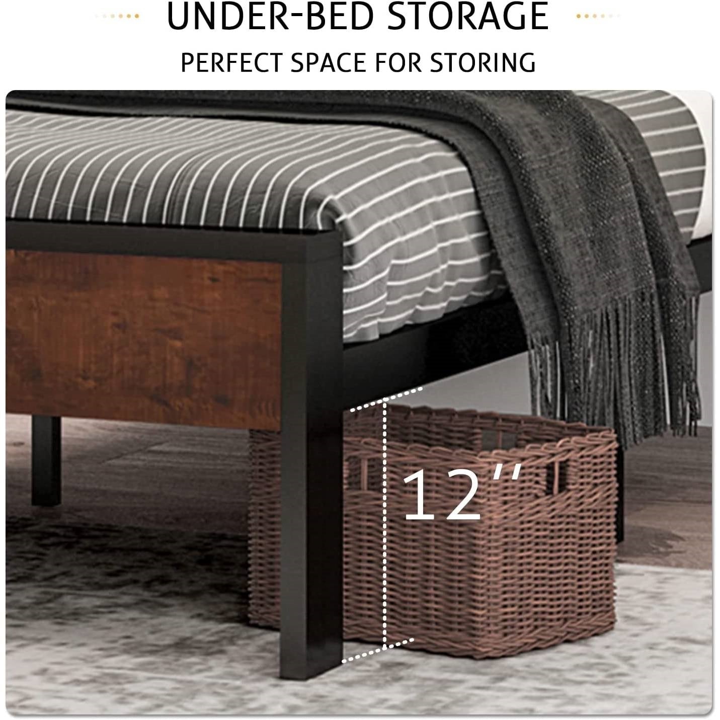 Bedroom > Bed Frames > Platform Beds - Queen Metal Platform Bed Frame With Mahogany Wood Panel Headboard Footboard