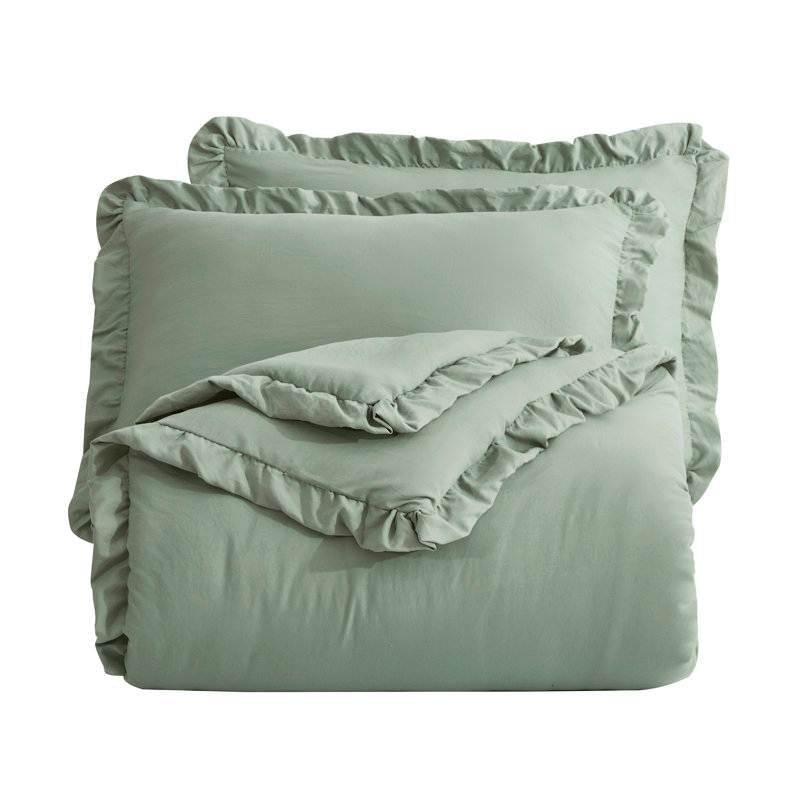 Bedroom > Comforters And Sets - Oversized Queen Sage Microfiber 3-Piece Comforter Set With Ruffled Edge Trim