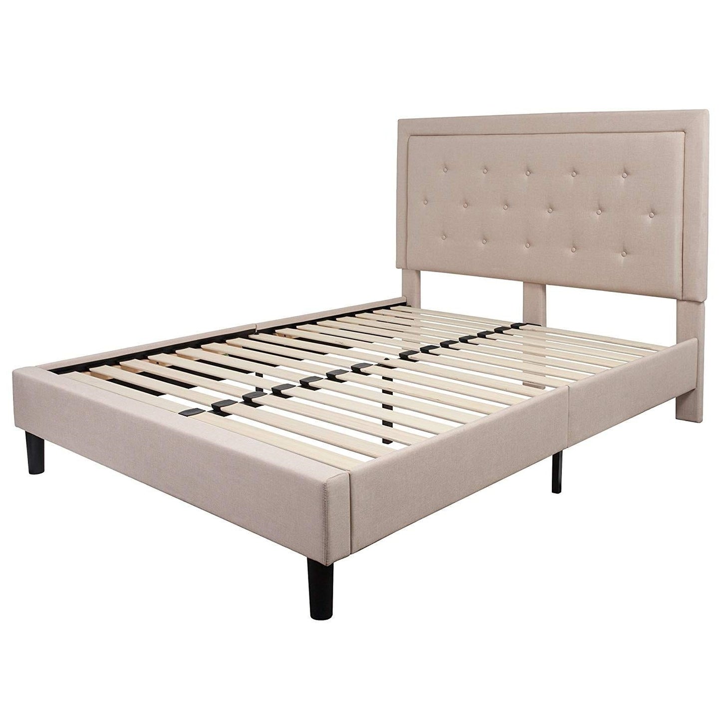 Bedroom > Bed Frames > Platform Beds - Queen Beige Upholstered Platform Bed Frame With Button Tufted Headboard