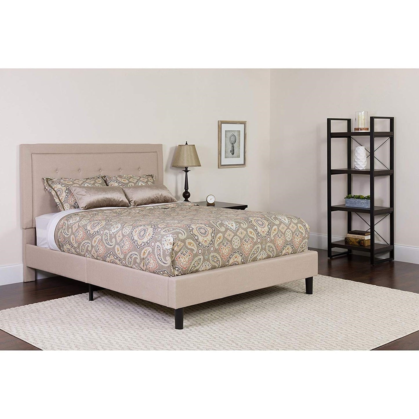Bedroom > Bed Frames > Platform Beds - Queen Beige Upholstered Platform Bed Frame With Button Tufted Headboard