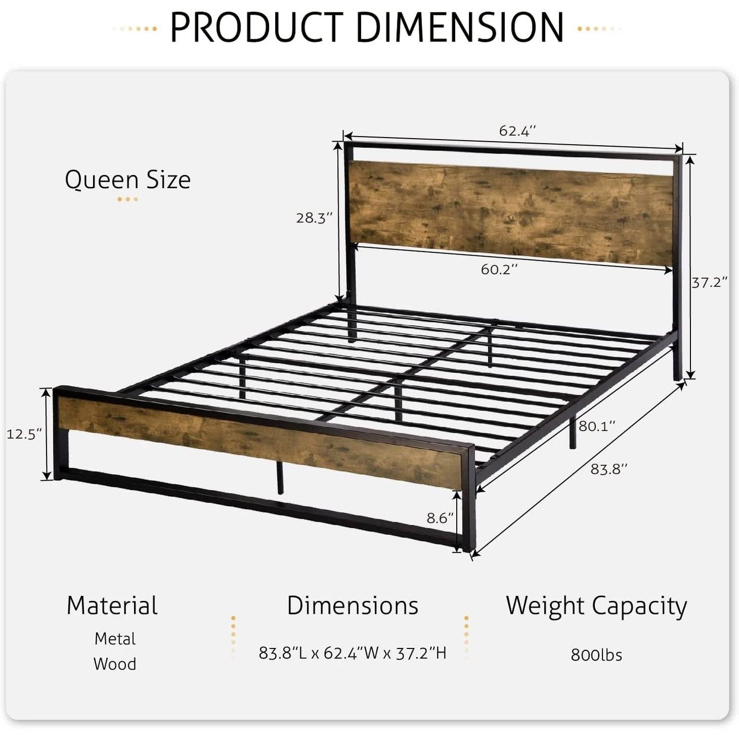 Bedroom > Bed Frames > Platform Beds - Queen Size Metal Wood Platform Bed Frame With Industrial Headboard