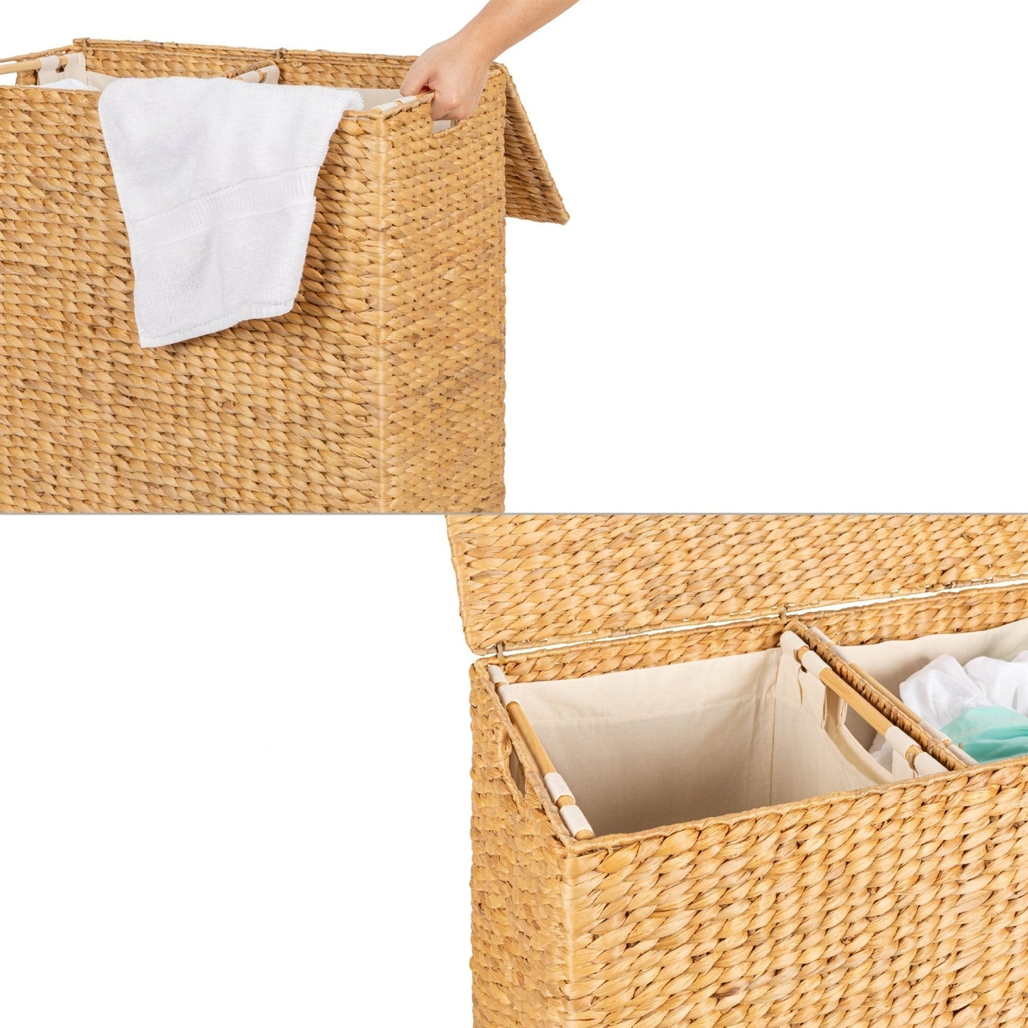 Bathroom > Laundry Hampers - Natural 2-Bin Handwoven Hyacinth Linen Liner Laundry Hamper W/ Handles
