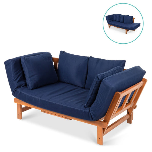 Outdoor > Outdoor Furniture > Patio Furniture Sets - Navy Blue Outdoor Acacia Wood Convertible Sofa Futon With 4 Removable Pillows