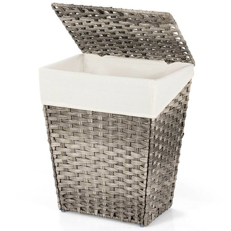 Bathroom > Laundry Hampers - Foldable Handwoven PE Wicker Rattan Laundry Basket Clothes Hamper With Liner
