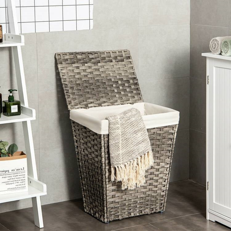 Bathroom > Laundry Hampers - Foldable Handwoven PE Wicker Rattan Laundry Basket Clothes Hamper With Liner