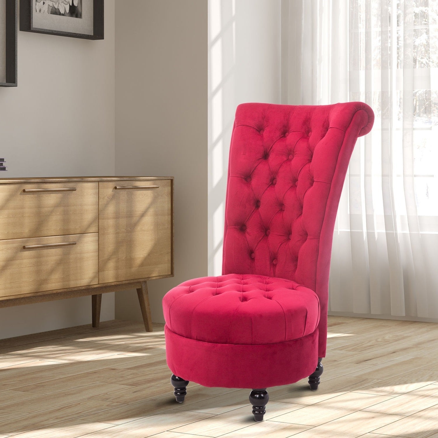 Living Room > Accent Chairs - Red Tufted High Back Plush Velvet Upholstered Accent Low Profile Chair