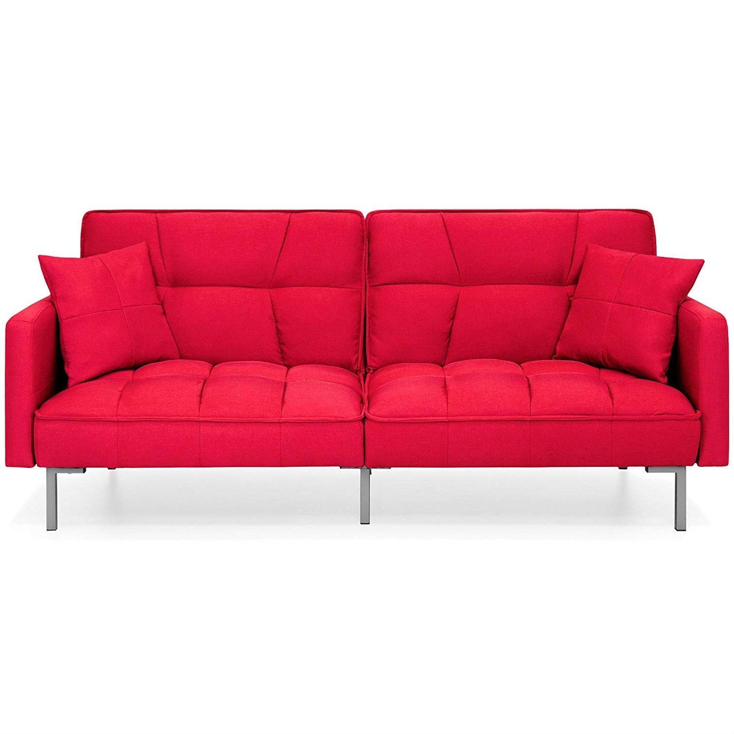 Living Room > Sofas - Plush Red Split-Back Design Convertible Linen Tufted Futon W/ 2 Pillows