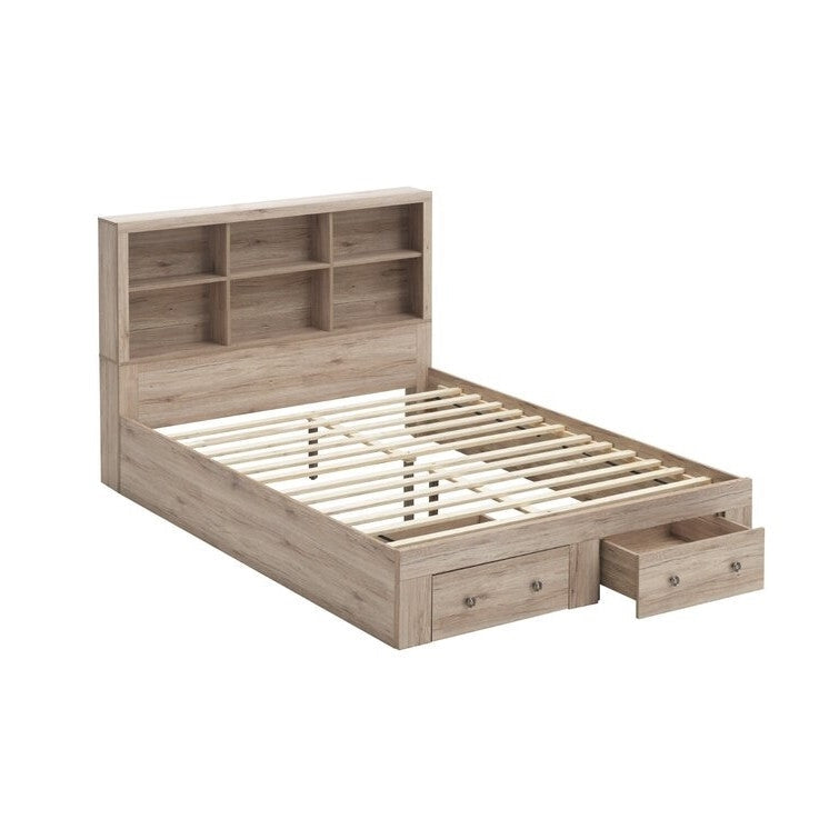 Bedroom > Bed Frames > Platform Beds - Queen Size Rustic Oak FarmHouse Low Profile 2 Drawer Storage Platform Bed
