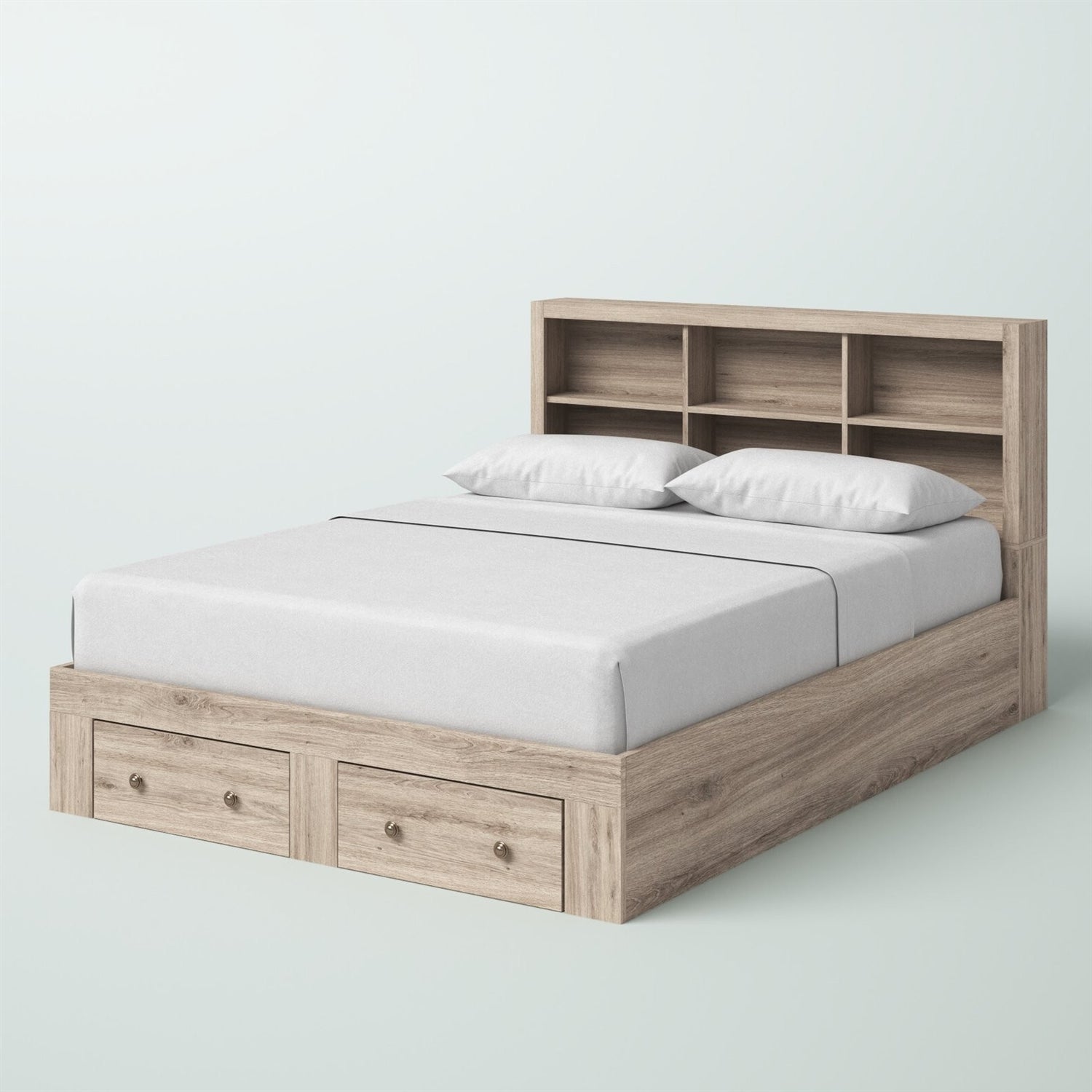 Bedroom > Bed Frames > Platform Beds - Queen Size Rustic Oak FarmHouse Low Profile 2 Drawer Storage Platform Bed