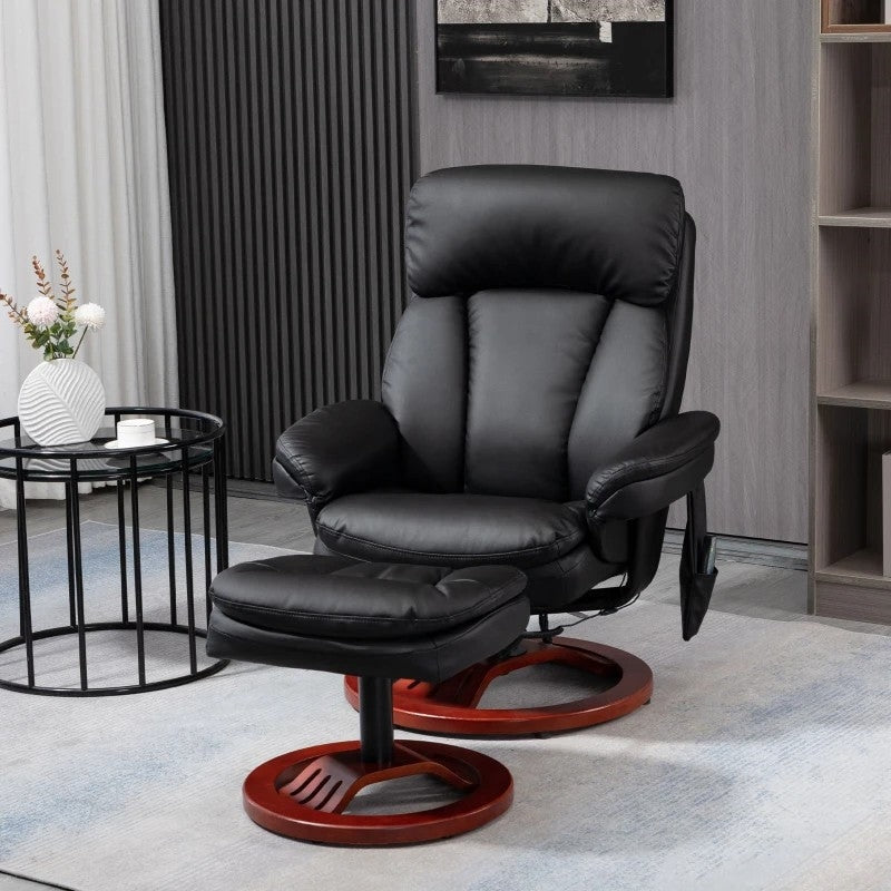 Living Room > Recliners And Chaise Lounge - Adjustable Black Faux Leather Electric Remote Massage Recliner Chair W/ Ottoman