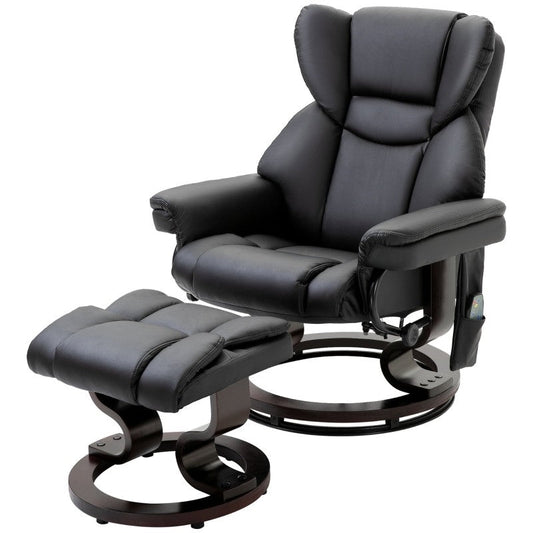 Living Room > Recliners And Chaise Lounge - Adjustable Black Faux Leather Remote Massage Recliner Chair W/ Ottoman