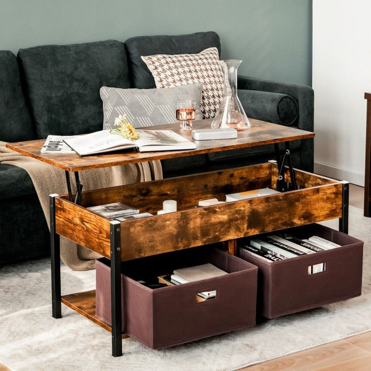 Living Room > Coffee Tables - Rustic FarmHouse Lift-Top Multi Purpose Coffee Table With 2 Storage Drawers Bins