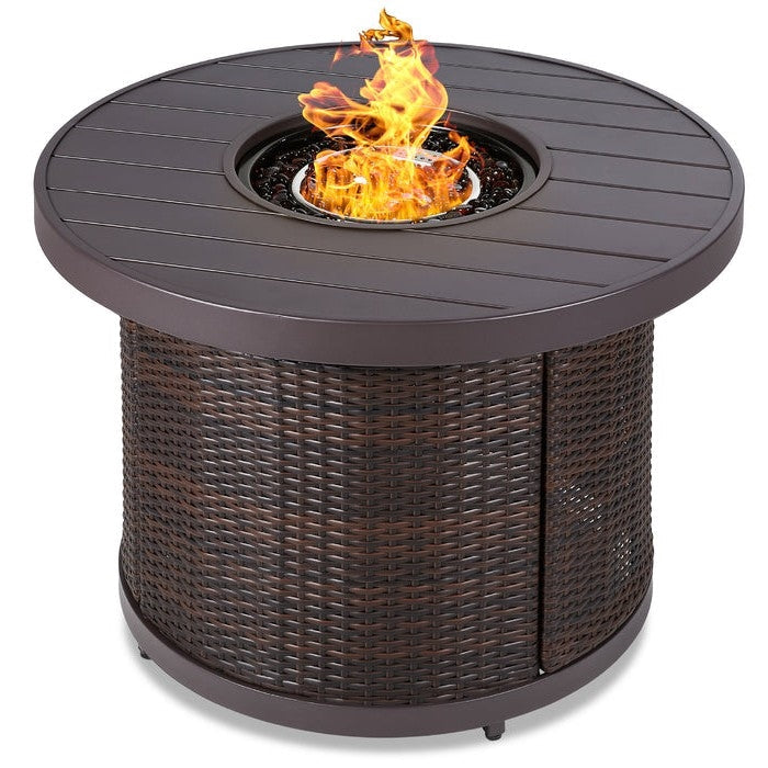 Outdoor > Outdoor Decor > Fire Pits - 50,000 BTU Brown Wicker Round LP Gas Propane Fire Pit W/ Faux Wood Tabletop And Cover