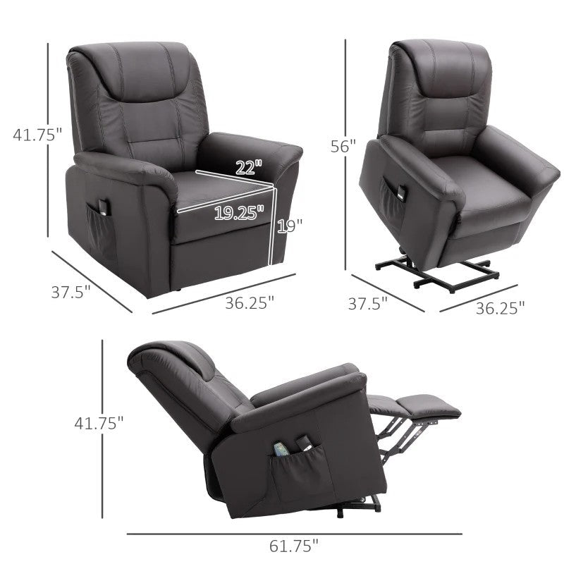 Living Room > Recliners And Chaise Lounge - Brown Electric PU Leather Power Lift Chair With Remote Control & Side Pockets