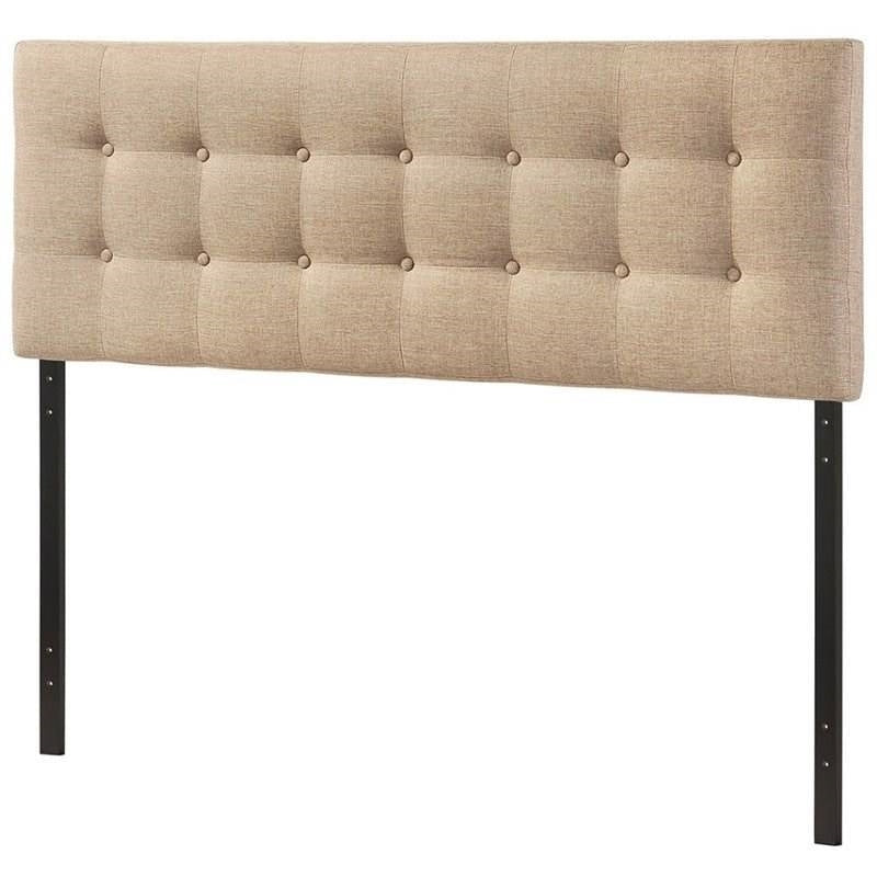 Bedroom > Headboards - Full Size Beige Tan Taupe Fabric Upholstered Button Tufted Headboard