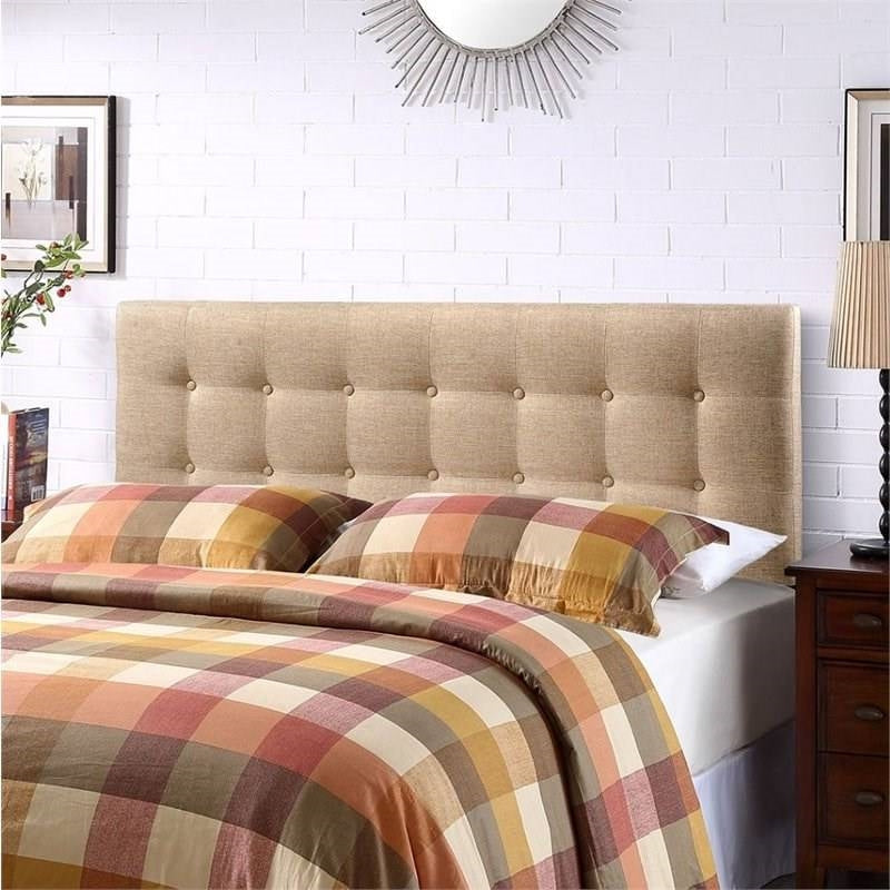 Bedroom > Headboards - Full Size Beige Tan Taupe Fabric Upholstered Button Tufted Headboard