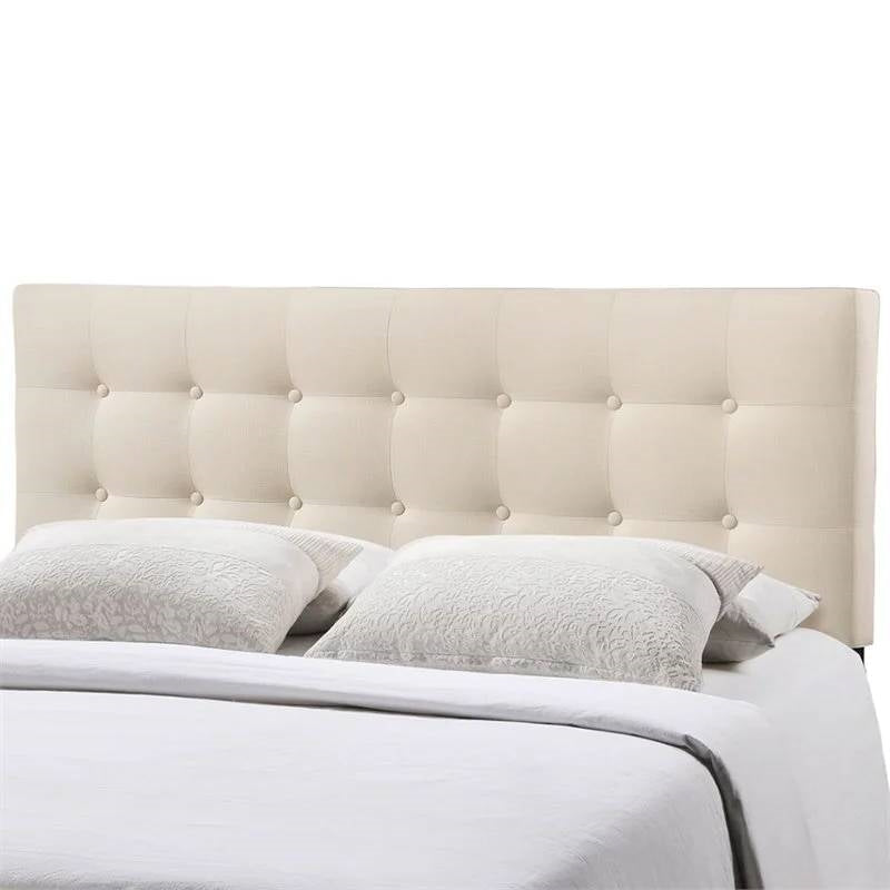 Bedroom > Headboards - Queen Size Modern Ivory Fabric Upholstered Button Tufted Headboard