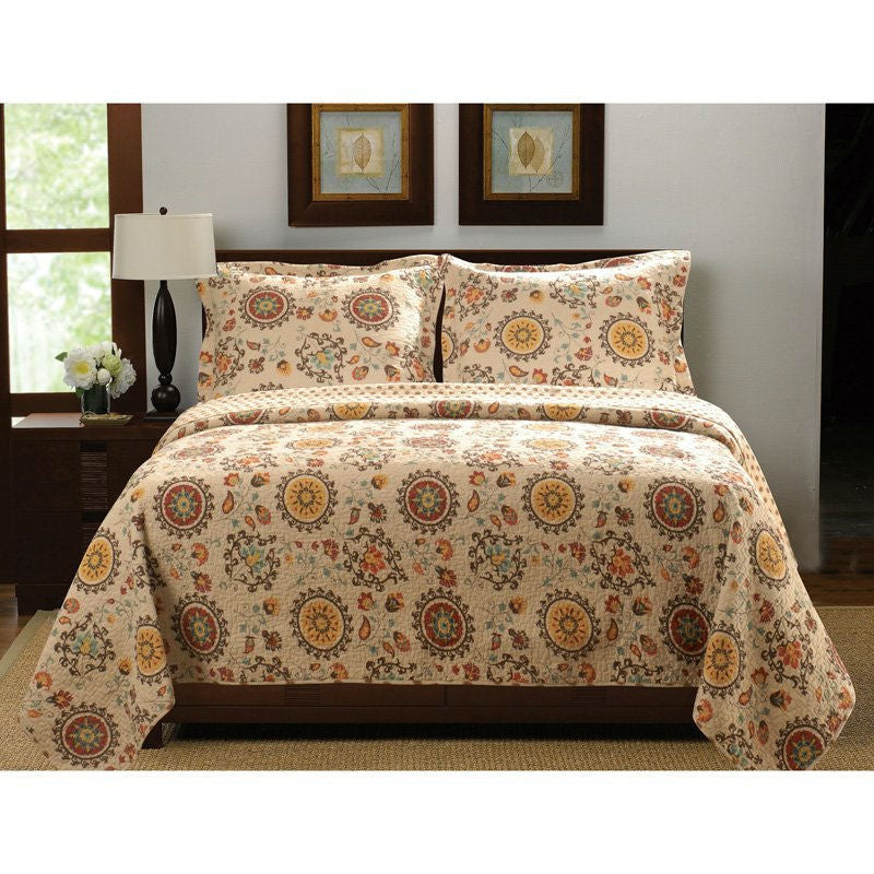 Bedroom > Quilts & Blankets - Full / Queen Retro Moon Shaped Floral Medallion Reversible 3 Piece Quilt Set
