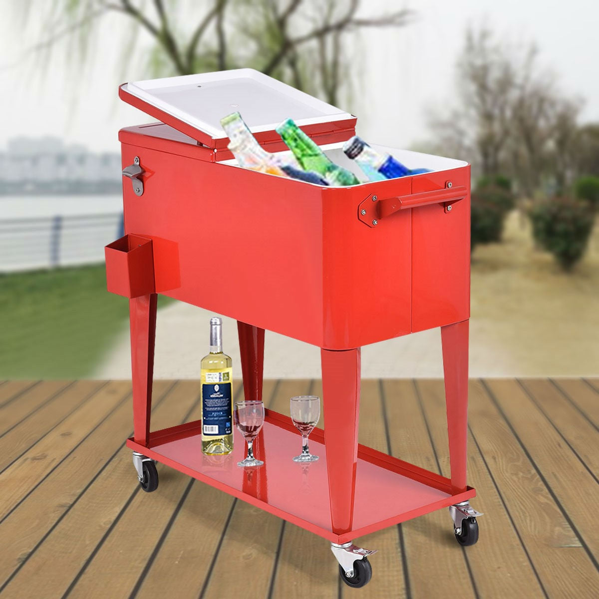 Kitchen > Wine Racks And Coolers - 80 Quart Red Sturdy Rolling Steel Construction Cooler