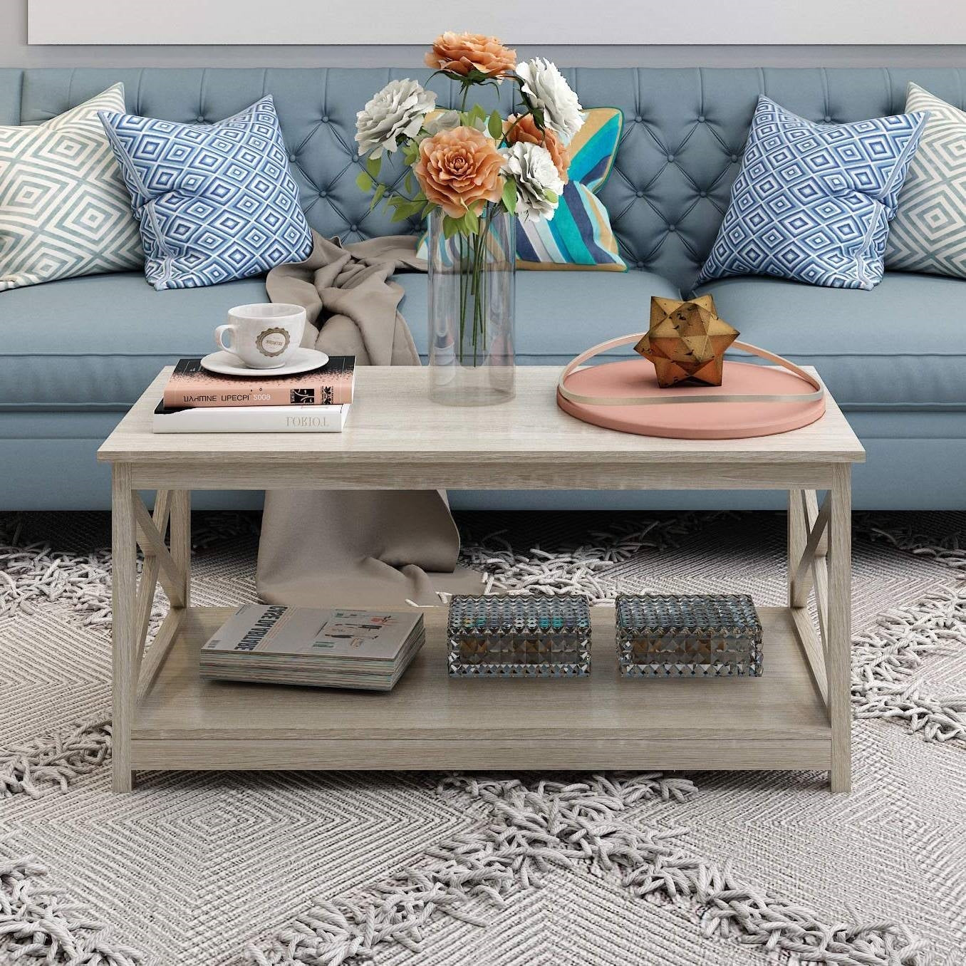 Living Room > Coffee Tables - Contemporary Farmhouse Coffee Table In Rustic White Oak Wood Finish