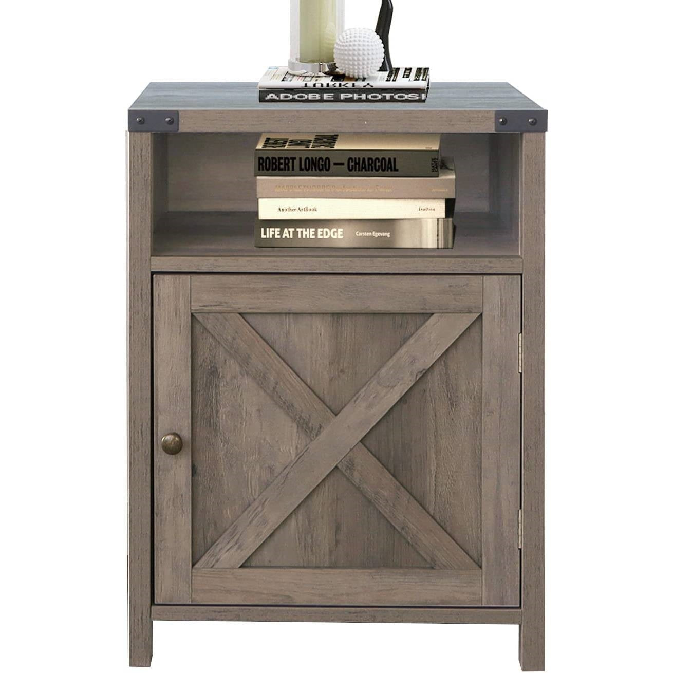 Bedroom > Nightstand And Dressers - Farmhouse Style End Table Barn Door Nightstand With Open Shelf In Rustic Oak