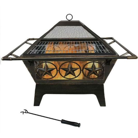 Outdoor > Outdoor Decor > Fire Pits - Square Outdoor Steel Wood Burning Fire Pit With Star Design