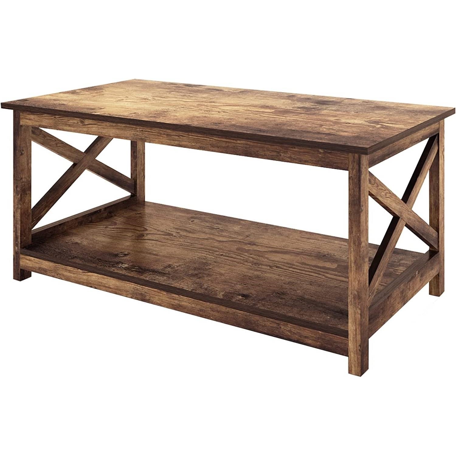 Living Room > Coffee Tables - Contemporary 2-Tier Farmhouse Coffee Table In Rustic Wood Finish