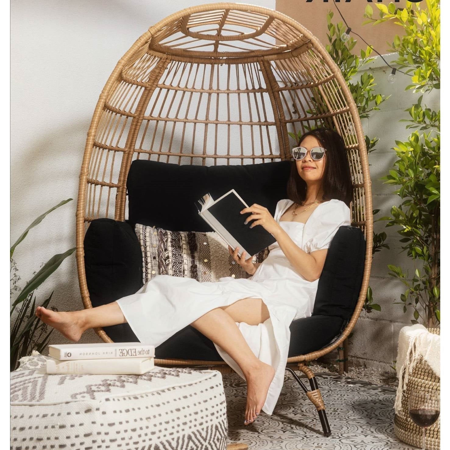 Outdoor > Outdoor Furniture > Porch Swings And Gliders - Oversized Patio Lounger Indoor/Outdoor Wicker Egg Chair Black