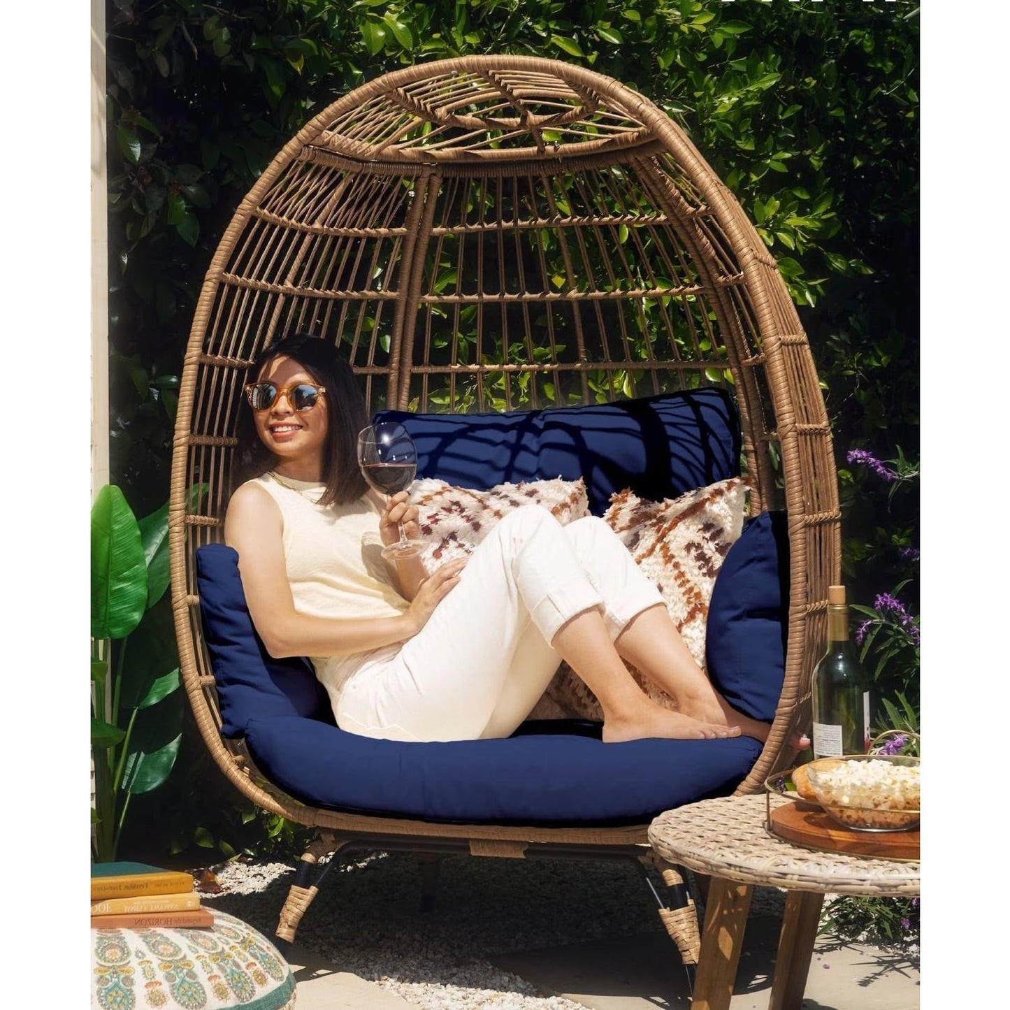 Outdoor > Outdoor Furniture > Porch Swings And Gliders - Oversized Patio Lounger Indoor/Outdoor Wicker Rattan Egg Chair Dark Blue