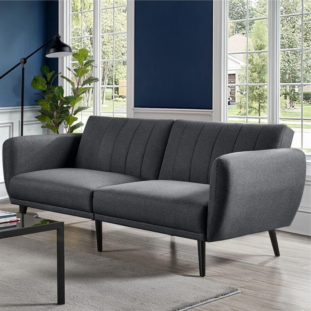 Living Room > Sofas - Modern Scandinavian Dark Grey Linen Upholstered Sofa Bed With Wooden Legs