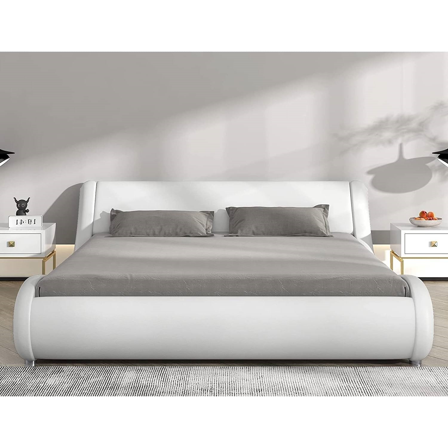 Bedroom > Bed Frames > Platform Beds - King Modern White Faux Leather Upholstered Platform Bed Frame With Headboard