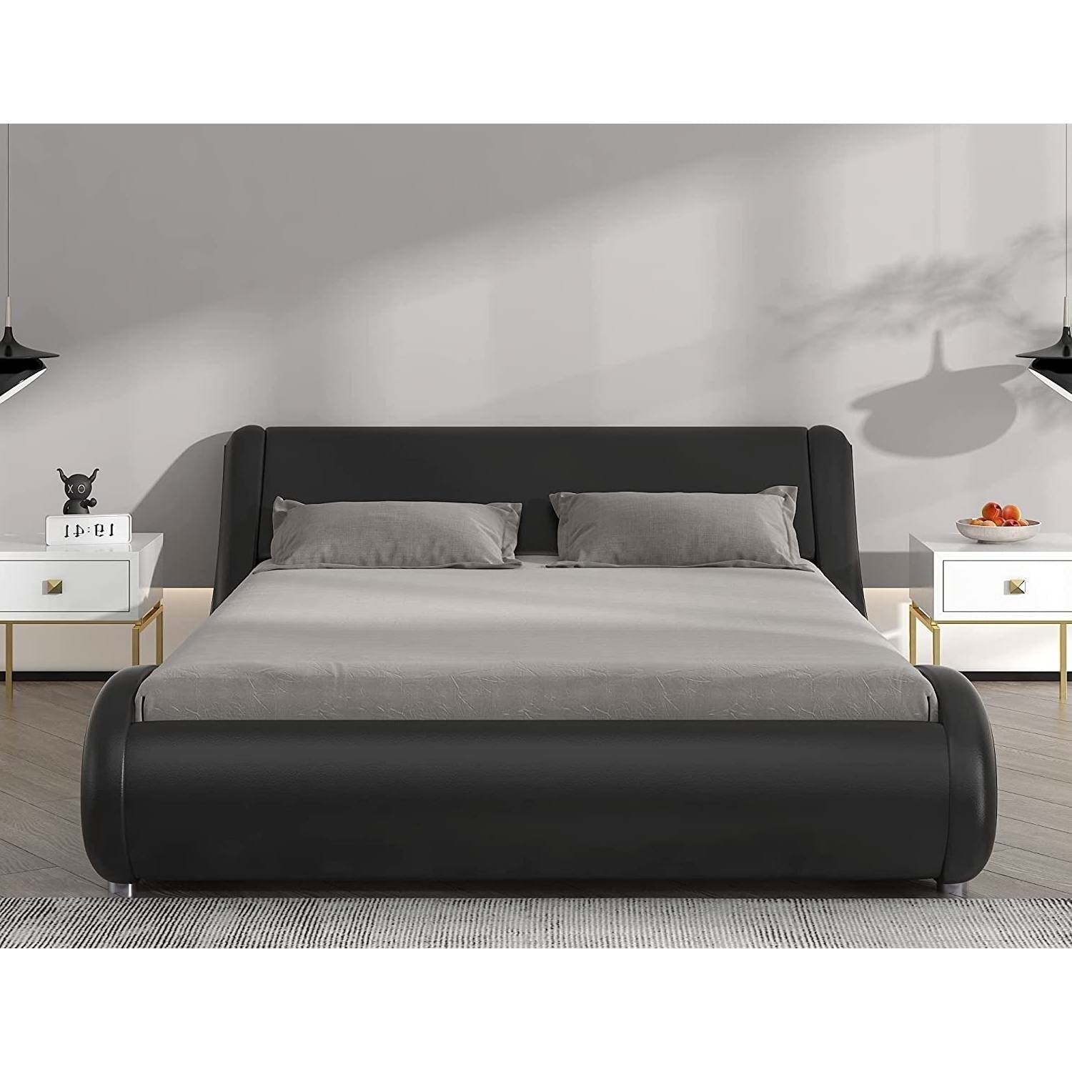 Bedroom > Bed Frames > Platform Beds - Full Modern Black Faux Leather Upholstered Platform Bed Frame With Headboard