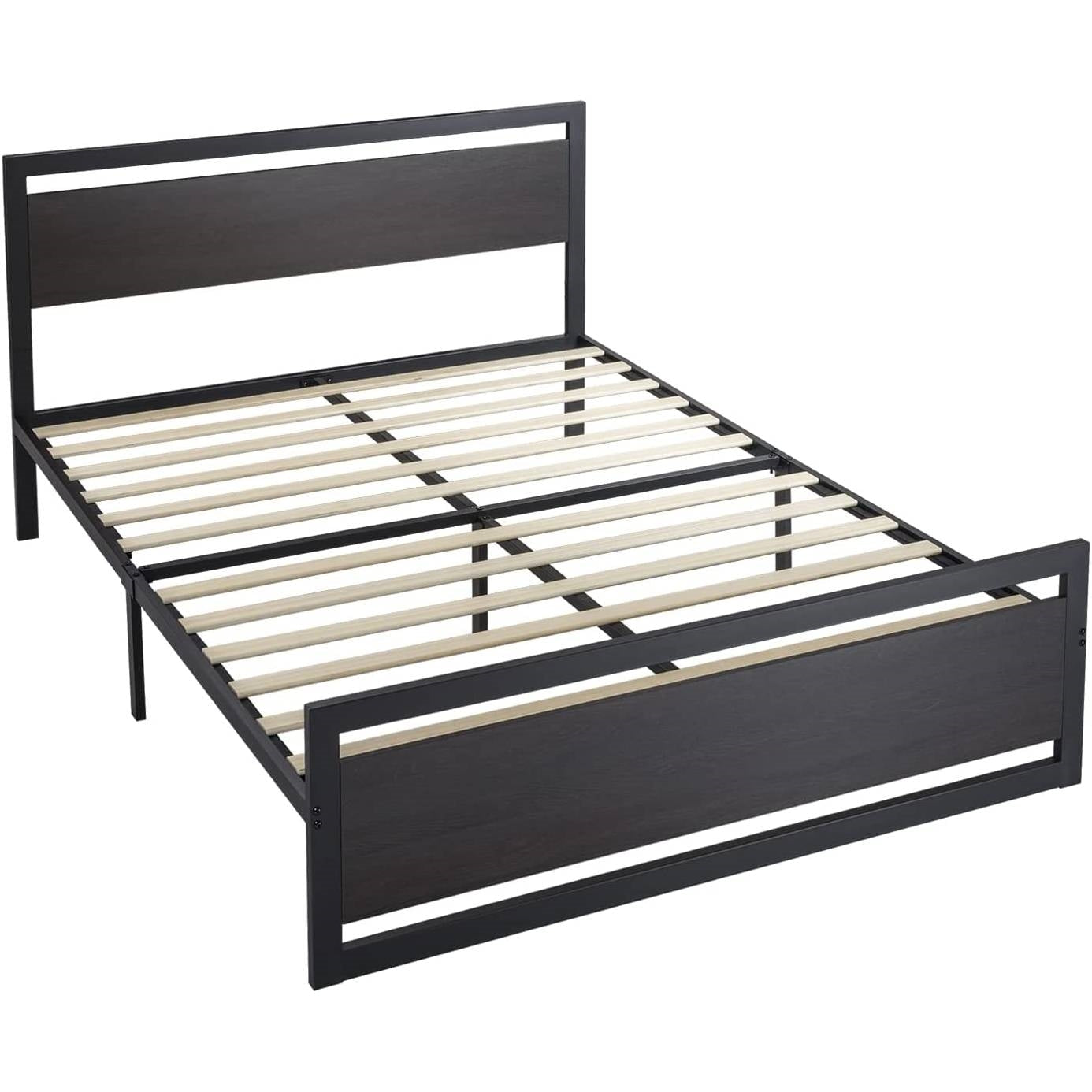Bedroom > Bed Frames > Platform Beds - Full Black Metal Platform Bed Frame With Wood Panel Headboard And Footboard